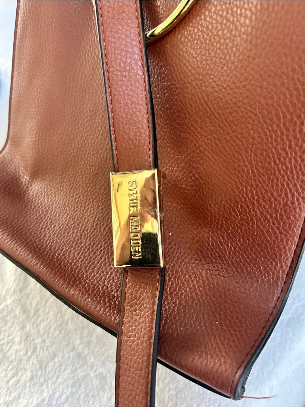 Steve Madden Cognac Brown Leather Shoulder Bag with Gold Rings